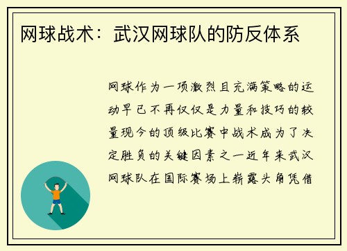 网球战术：武汉网球队的防反体系