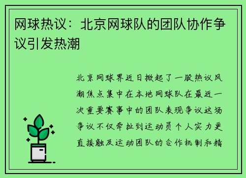 网球热议：北京网球队的团队协作争议引发热潮